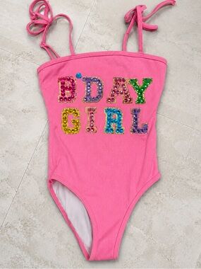 Lola + The Boys Bright Pink Sequin 'B'DAY GIRL' One-Piece Swimsuit